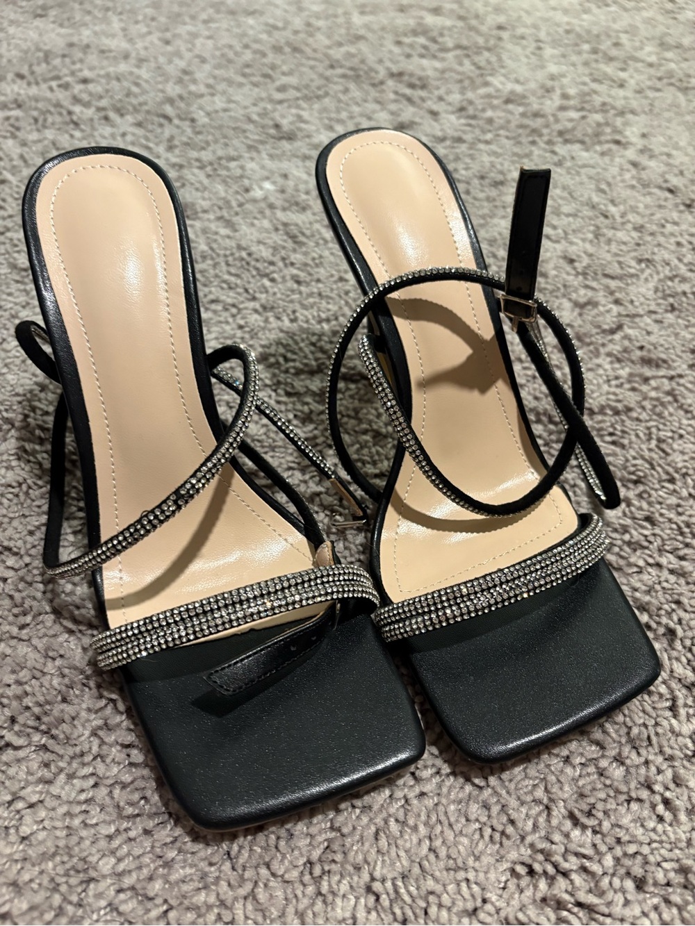 Women's Black Strappy Rhinestone Slide Heels